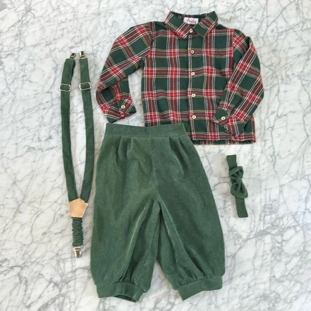 Boys Christmas Holiday Outfit 4-Piece Boys Plaid Shirt & Green Pants